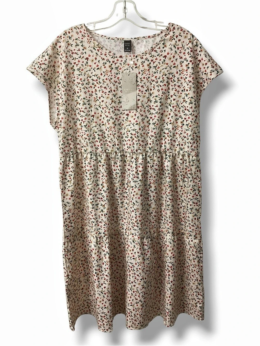 NWT Emery Rose Floral Tiered Smock Midi Dress XL Cream /DustyRose Print